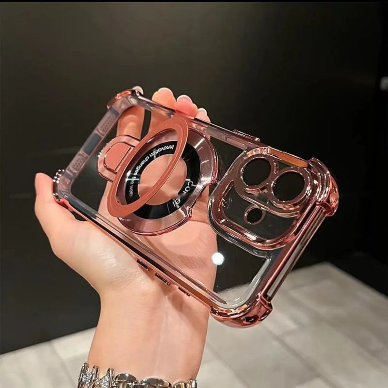 Galwanizowane etui magnetyczne z podstawką do iPhone'a 16 Pro Max/15 Pro - 4-rogowa, odporna na wstrząsy przezroczysta obudowa ze wbudowaną podstawką_voghion.com