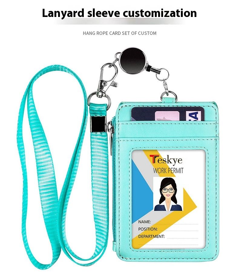 Work ID Leather Cover Large Capacity Card Bag Student Tag Bus Access Card Employee Chest Card Cover With Hanging Rope_voghion.com