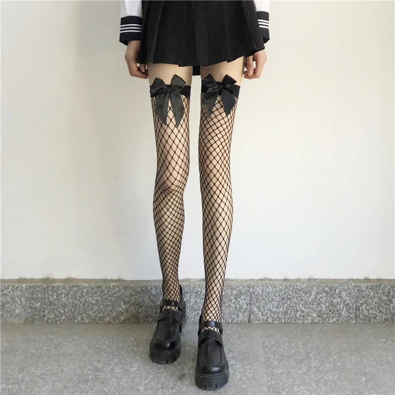 Chaussettes longues au dessus du genou pour femmes et filles, noires et blanches, Sexy, Lolita, nœud papillon, cuisses hautes, bas en résille, gothique, Punk, maille en dentelle_voghion.com