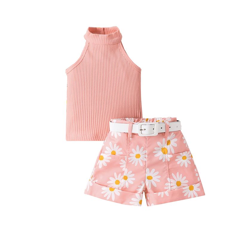 Kannerkleeder Nei Summer Meedercher Kostümer Kleng a Mëttel Kanner Einfarweg Halter Neck Top + Bedruckte Shorts + Rimm_voghion.com