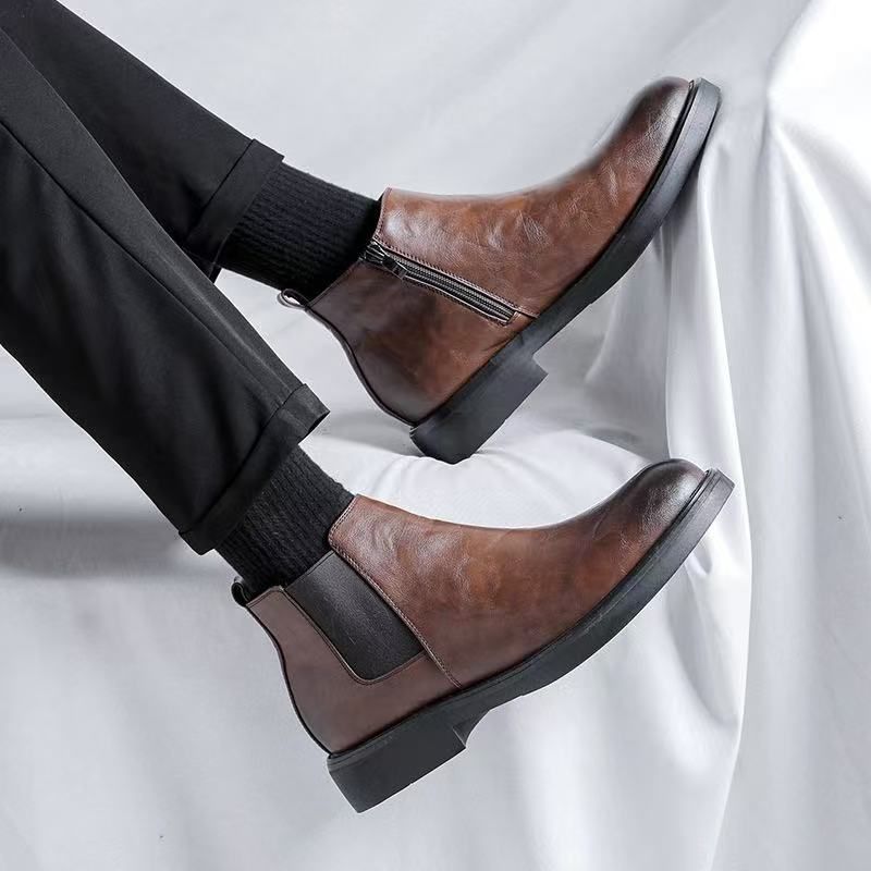 Martin Boots Men's Style Leather Side Zipper Medium Boots Black Pointed Chelsea Boots_voghion.com