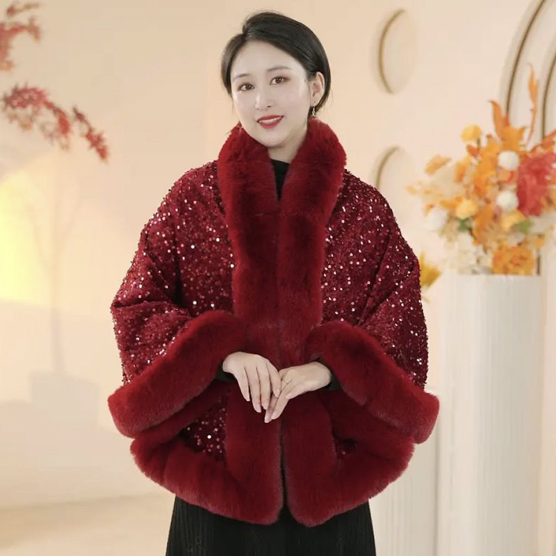 ragazza Ragazza 2023 Autunno Inverno Nuovo Cappotto con collo in pelliccia lavorato a maglia con paillettes, spesso e versatile, scialle in pelliccia_voghion.com