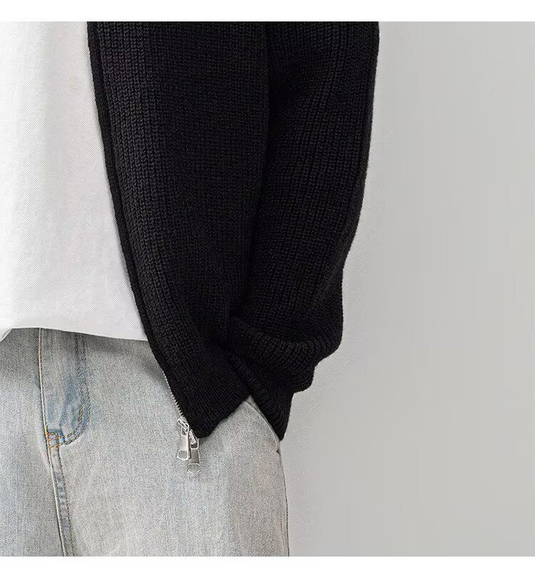 Men's Stand Collar Zip-Up Cardigan – Heavyweight Knit Sweater (Gray/Apricot/Black, M-XXXL)_voghion.com
