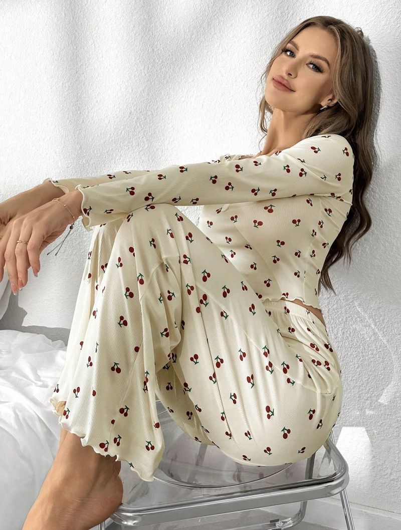 Cherry Print Pajamas, V-neck Stretch, Long-sleeved Tops And Trousers Pajama Set, Women's Loungewear Set_voghion.com