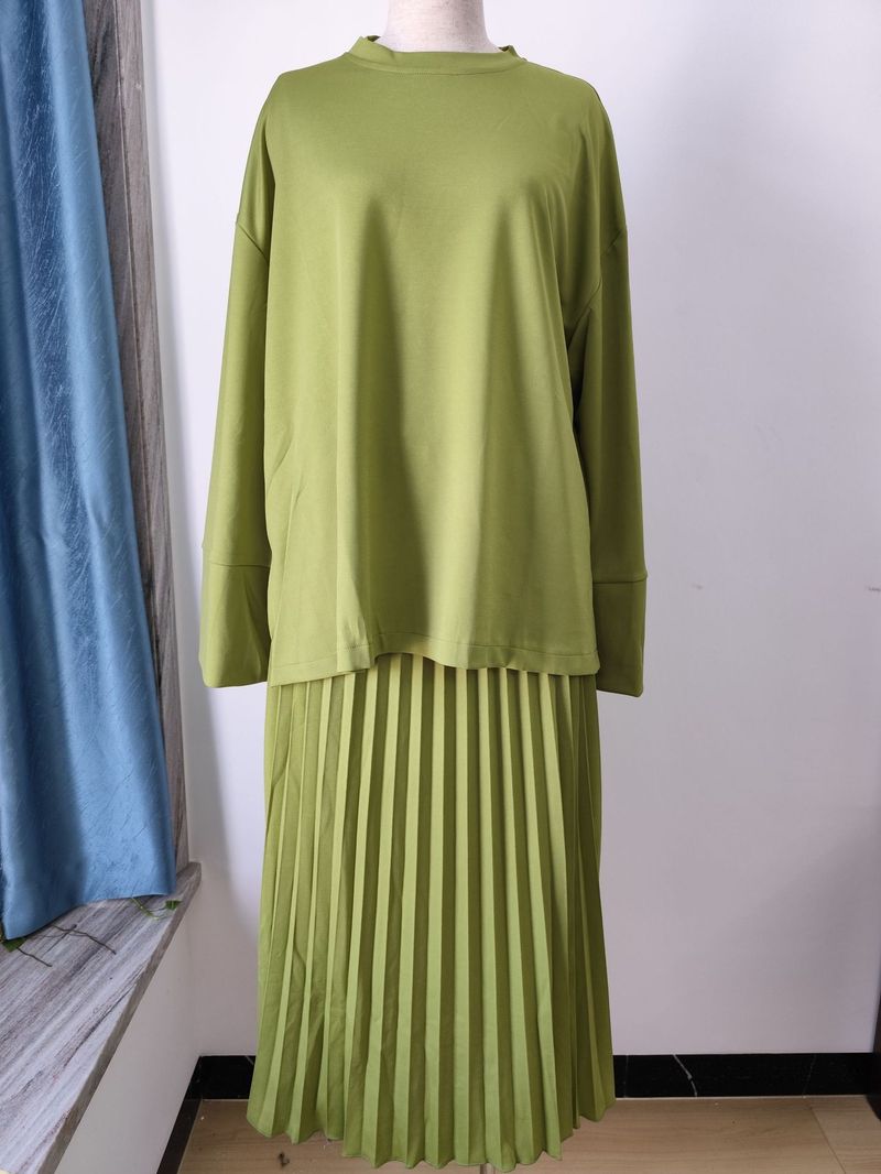 Women's Clothing Round Neck Loose Casual Tops Retro Temperament Pleated Skirt Suits For Women_voghion.com