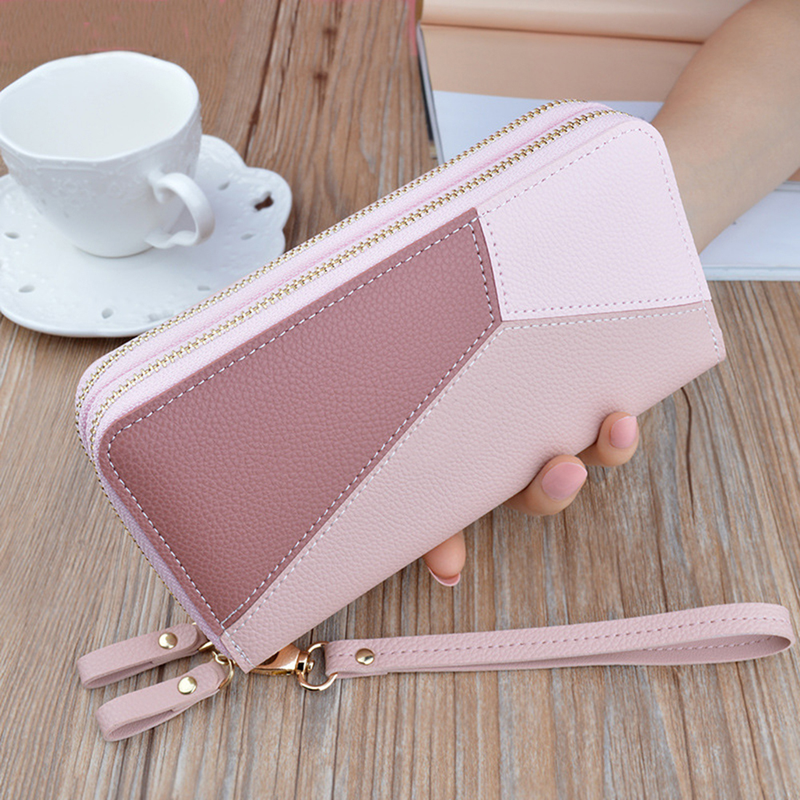Lihanbao Bolsa de couro feminina com zíper duplo, carteira, porta-cartões e celular, pulseira preta_voghion.com