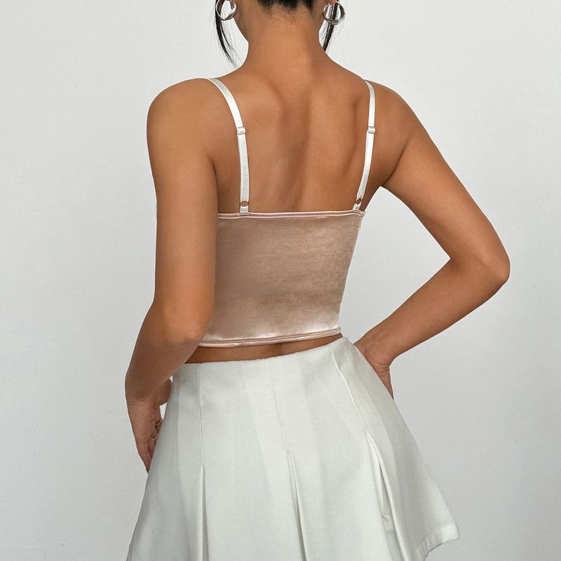 Top con ferretto e schiena a rombi in raso altamente elasticizzato con pizzo e ricami in rete da donna - Beige (S/M/L)_voghion.com
