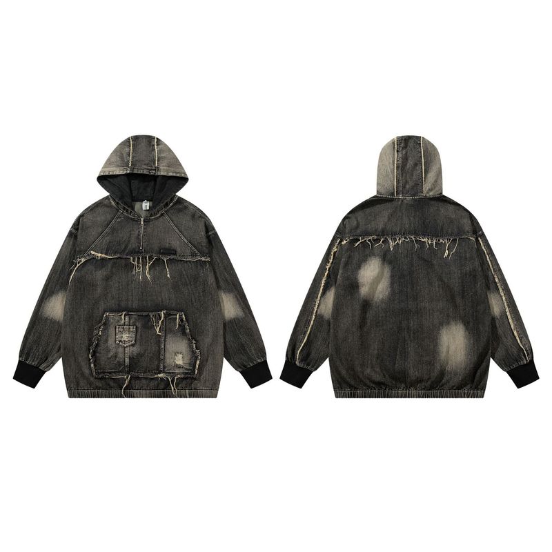 Men's Clothing New High Street Trendy Brand Denim Hoodie Wasteland Style Washed Splicing Hooded Sweatshirt_voghion.com