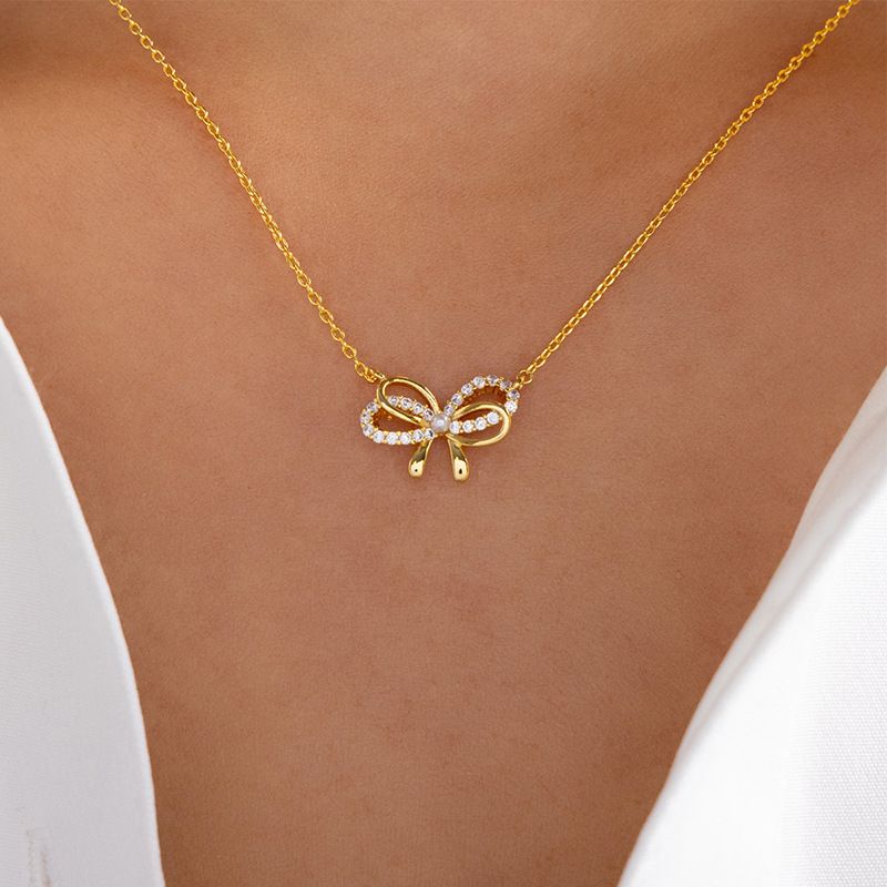 Kettenhalskette mit Anhänger, Schmuck, personalisiertes Design, Anhänger aus Legierung, vielseitig einsetzbar, einfache Halskette mit eingelegter Diamantschleife_voghion.com