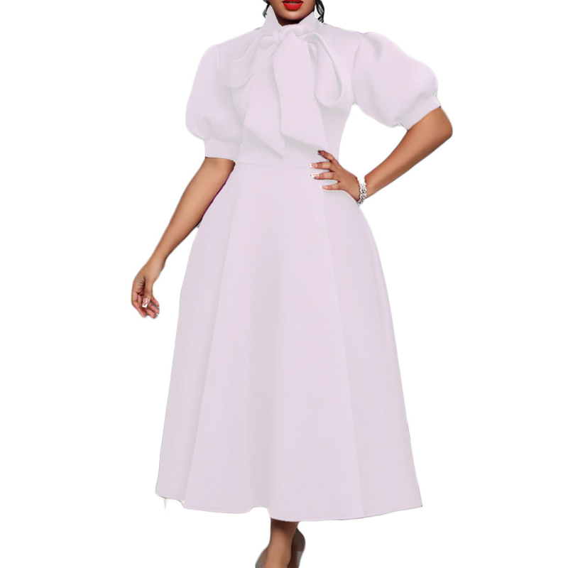 Rochie de banchet pentru femei de marime mare de vara nou bowknot doamnelor de culoare solida fusta cu maneca scurta _voghion.com