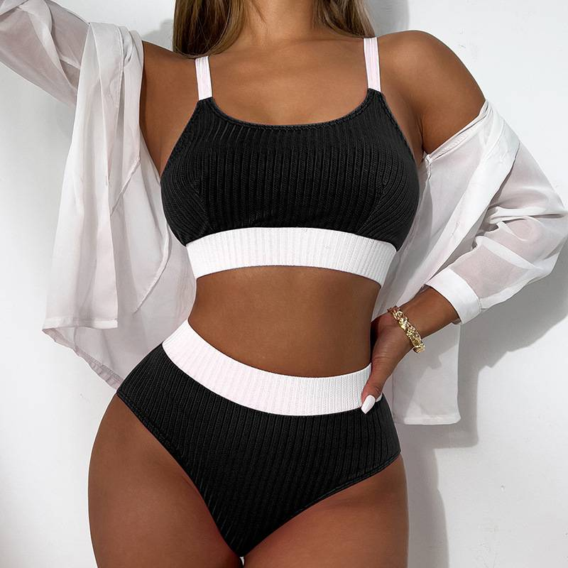 Damenbekleidung Split Bikini Badeanzug Sexy High Waist Farblich passender Pit Stripe Badeanzug_voghion.com
