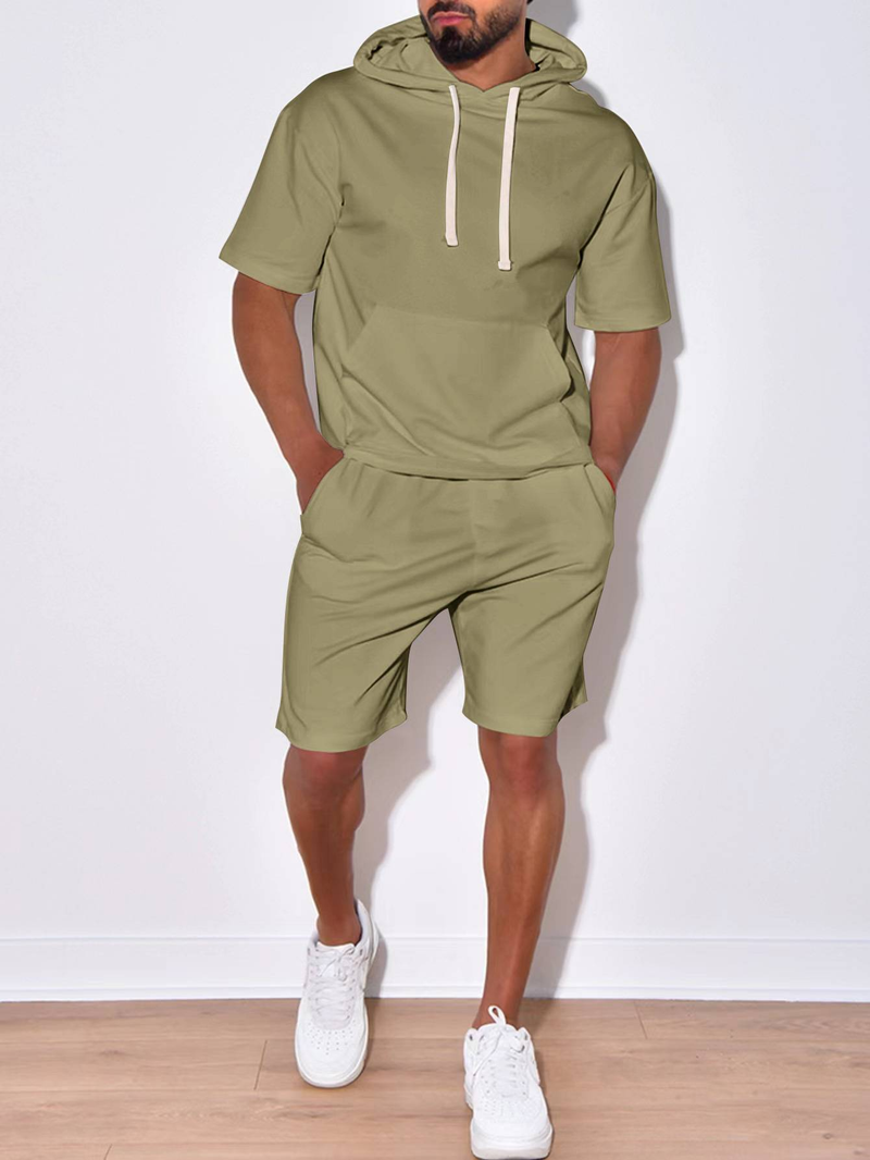 Nuovo prodotto 2025, abbigliamento sportivo casual da uomo europeo e americano, a maniche corte e pantaloncini, con cappuccio, tinta unita, due pezzi_voghion.com