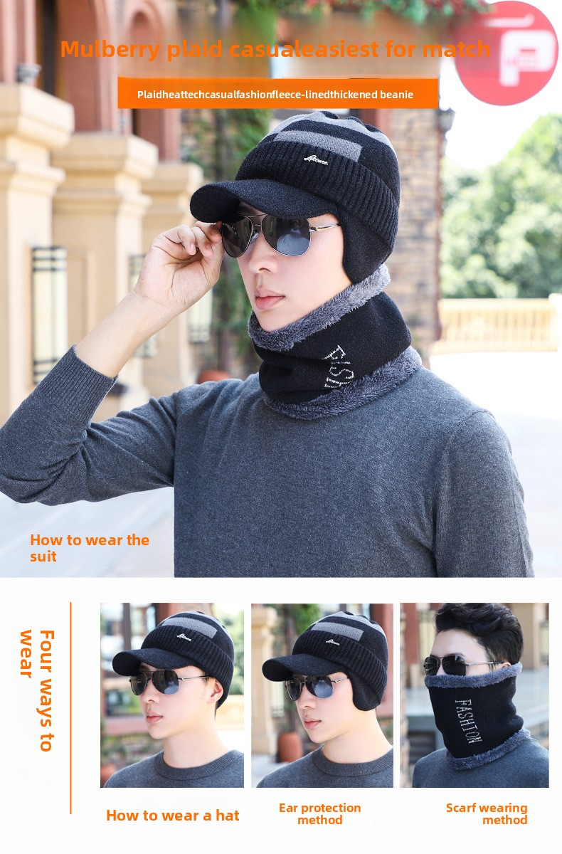 Set di cappello invernale da uomo con paraorecchie e scaldacollo - Berretto in maglia spessa con fodera in pile per ciclismo e pesca_voghion.com