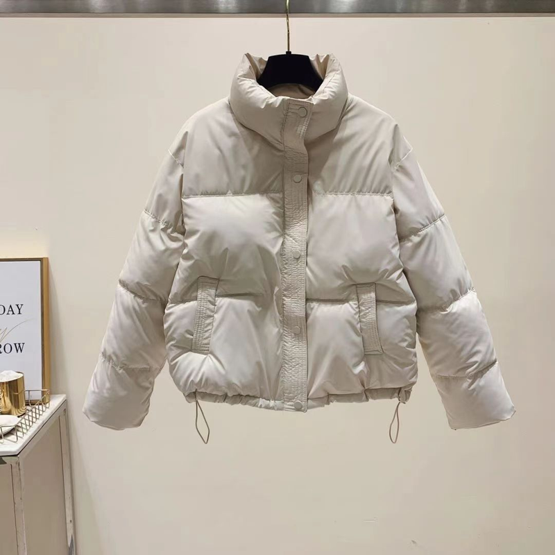 Pufferjacke aus PU-Leder für Damen, kurzer Stehkragen, dicker Slim Fit-Mantel mit Taschen für Freizeit- und Bürokleidung (Schwarz/Grün/Braun/Creme)_voghion.com