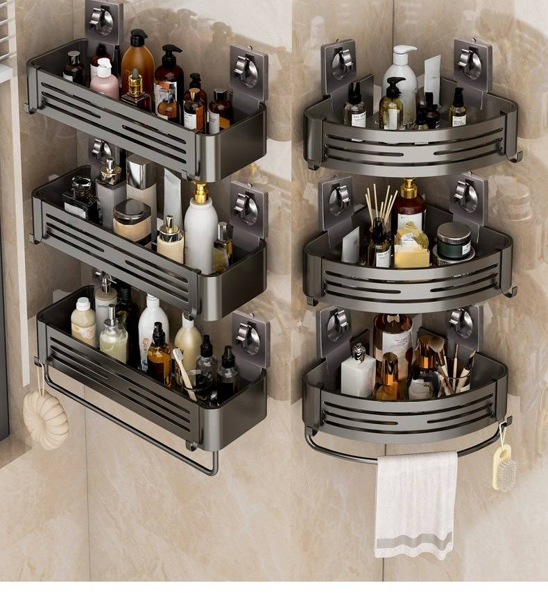 Platzsparendes Badezimmer-Eckregal mit starken Saugnäpfen – rostfreie Aluminiumlegierung, Wand-Organizer für Dusche, Toilettenartikel und Kosmetik_voghion.com