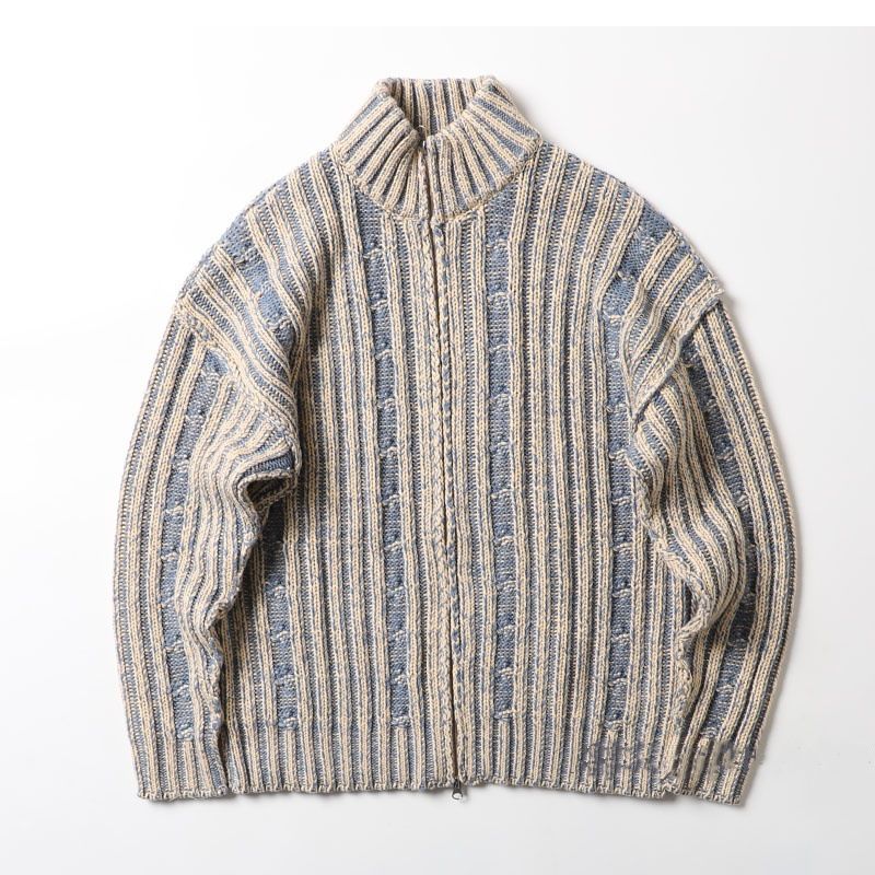 Men’s Chunky Cable-Knit Cardigan Retro Textured Pullover With Stand Collar & Relaxed Fit For Coffeehouse Lounging (Blue, Black)"_voghion.com