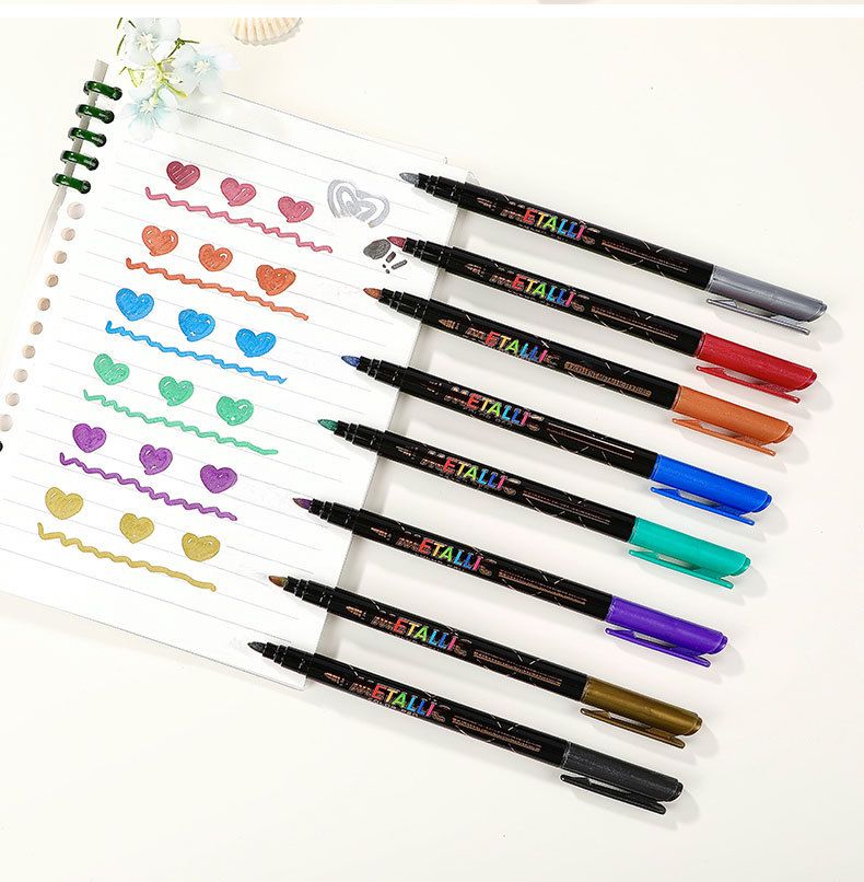 Metallic Brush Pens Set Of 8 - Smooth Fiber Tip Fine Line Markers For Calligraphy, Journaling & Art (1-3mm Line Width, Vibrant Colors)_voghion.com