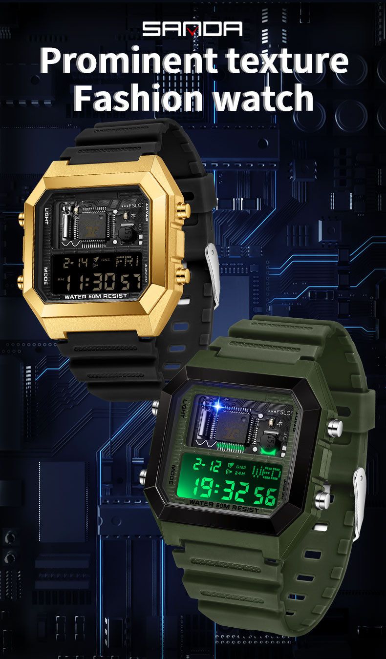 Digitaal wekkerhorloge met multifunctionele timer, stopwatch, LED-achtergrondverlichting, waterdicht tot 50 m, unisex vierkant sporthorloge voor studenten en professionals_voghion.com