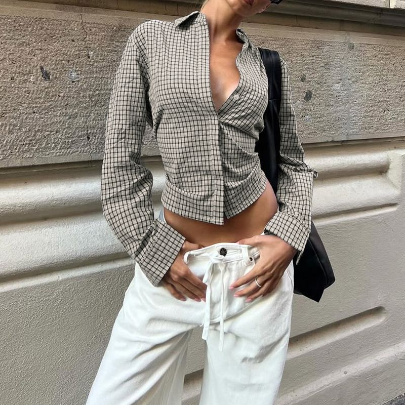 New Autumn Plaid Color-Block T-Shirt Elegant Commuter Waist-Tie Button Long Sleeve Shirt Top_voghion.com
