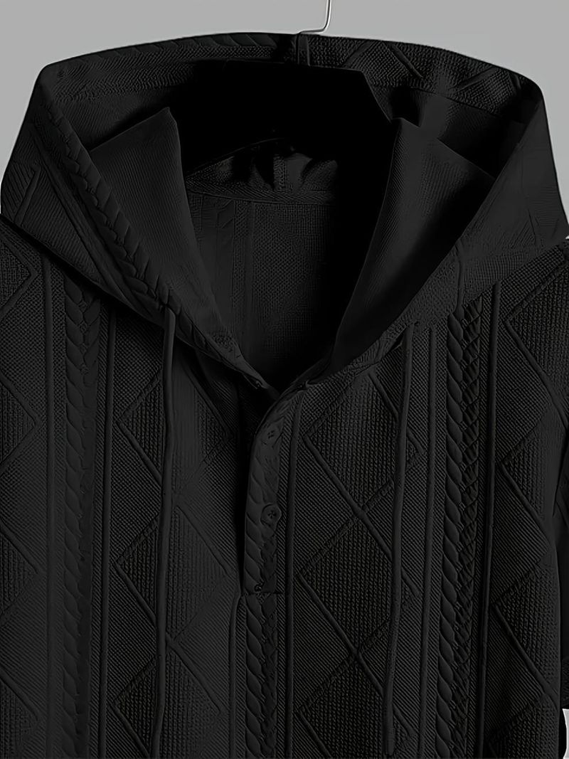 T-shirt con cappuccio e stampa elegante da uomo, comoda e traspirante, a maniche corte, con scollo a bottoni, per un abbigliamento casual._voghion.com