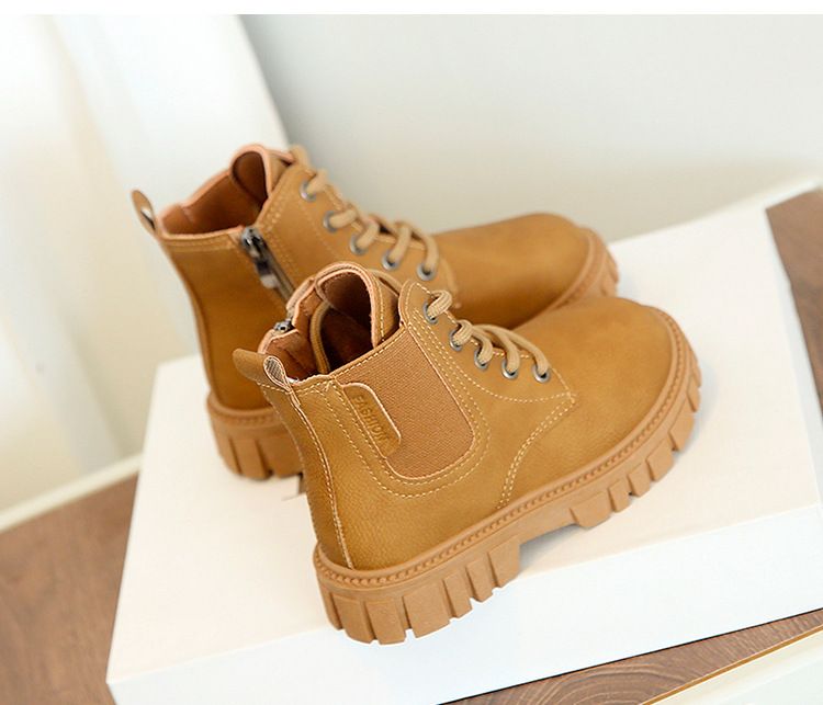 Bottines courtes pour mère et enfant | Bottines épaisses tendance pour filles | Bottes en cuir tendance pour enfants | Fermeture éclair latérale | 3-12 ans | Noir et marron clair_voghion.com
