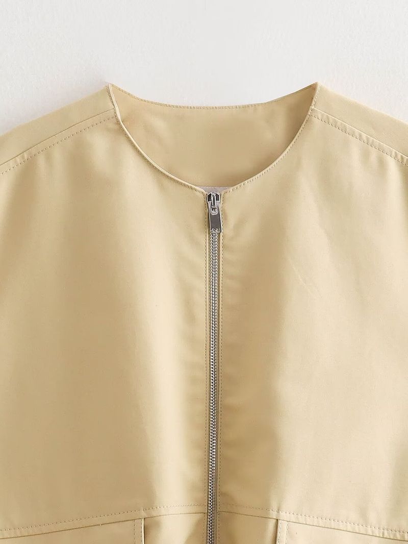 Gilet streetwear tendance à ourlet volanté - Polyester tissé léger, col rond, fermeture éclair sur le devant - Jaune, noir, gris clair, vert kaki (S/M/L/XL)_voghion.com