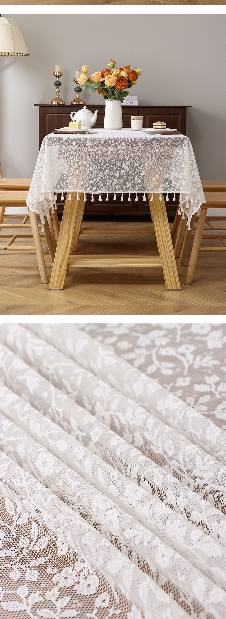 Tischdecke mit Spitzenblumenmuster und Quasten – 130 x 180 cm, rechteckig, Polyestergewebe, rutschfest, für Bauernessen, Fotografie und Teepartys_voghion.com