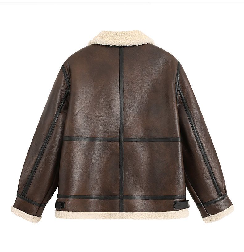 Blouson aviateur en similicuir pour homme avec col en peau lainée – Manteau motard en PU style streetwear, coupe-vent et anti-rayures (M-5XL, noir/beige)_voghion.com