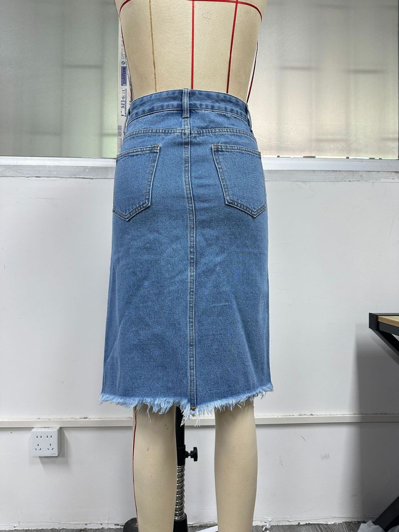 Gonna in denim a vita alta, di media lunghezza, con spacchi, aderente ai fianchi, per donna; stile europeo e americano._voghion.com