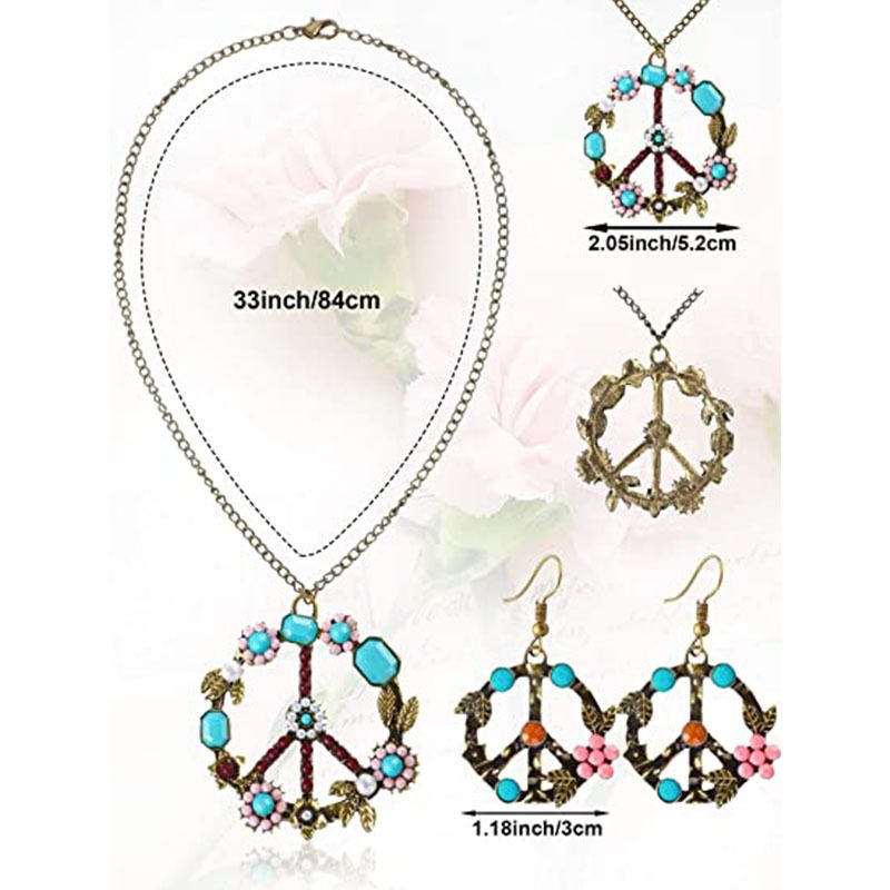 Occhiali da sole in costume hippie dell'era del carnevale e collane, orecchini, set di copricapo, accessori di abbigliamento con etichetta della pace_voghion.com
