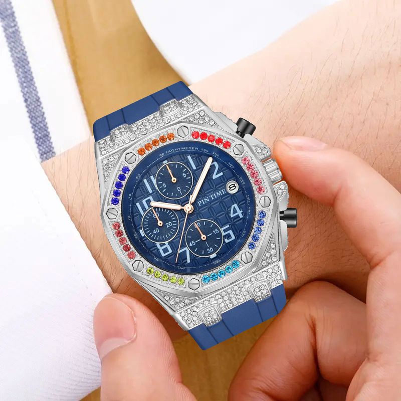 Luxuriöse Herrenuhr mit Diamantakzenten, Multifunktions-Chronograph, Datumsanzeige und 30 m Wasserdichtigkeit – Roségoldgehäuse und Silikonarmband_voghion.com