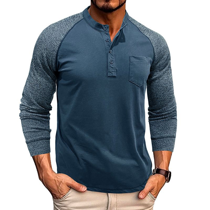 Unschlagbare Qualität Herren Rundhalsausschnitt Gerippte Patchwork-Ärmel Mit Raglan Henley Basis, Langärmliges Herren T-Shirt Top, Robustes Baumwollhemd_voghion.com