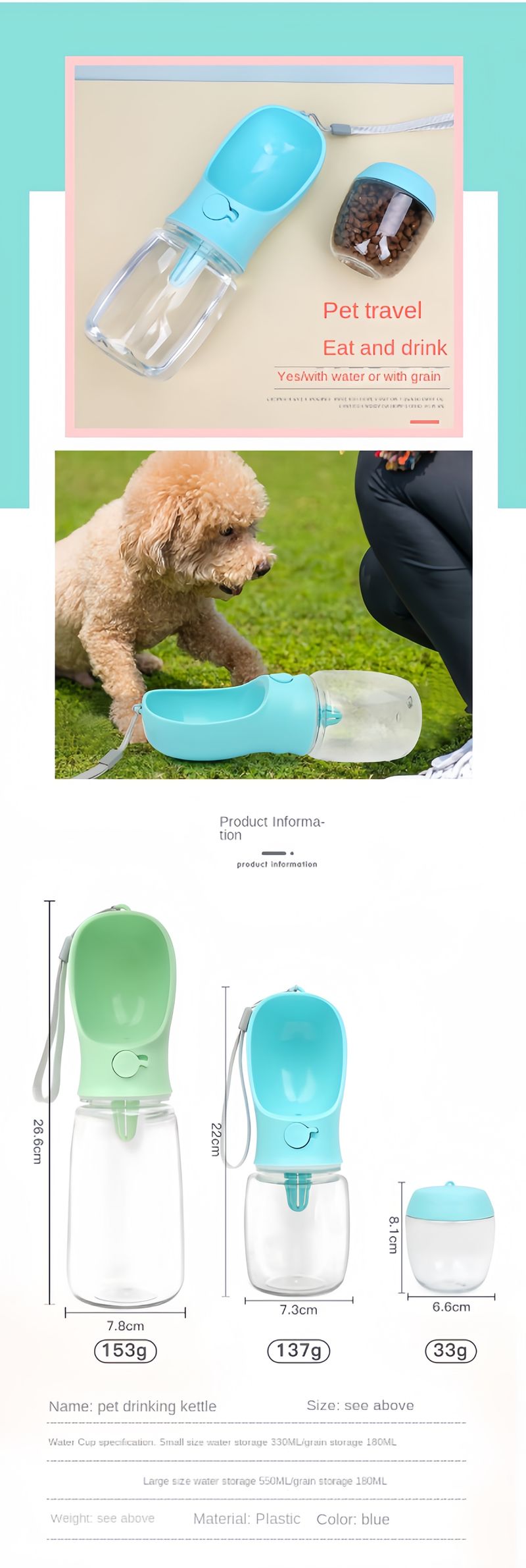 Garrafa de água portátil para cães e gatos com recipiente para armazenamento de comida e água para filhotes de estimação, tigela alimentadora para cães, suprimentos para animais de estimação para viagens ao ar livre_voghion.com