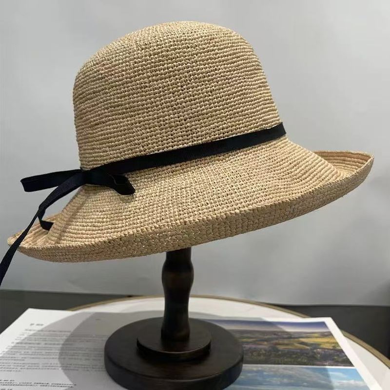 Spring Art Bow Hand-Woven Straw Women's Hat, Wide Brim, Slim Face, Sun Protection, Sun Hat_voghion.com
