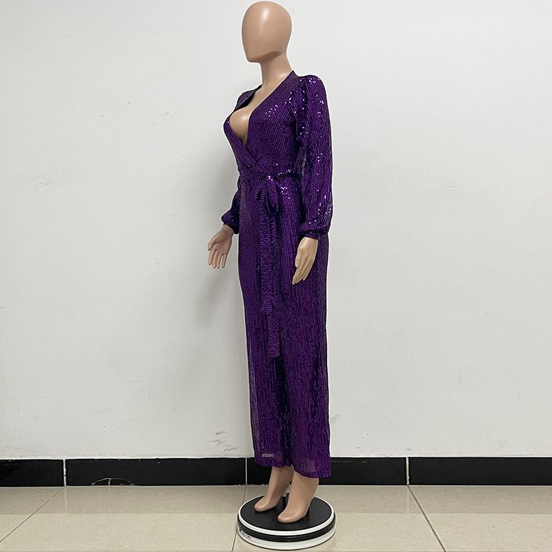 Damkläder Ins Style Deep V Mode Casual Jumpsuit Långärmat Bälte Paljett Jumpsuit Dam_voghion.com