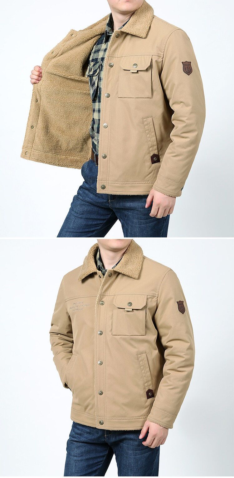Men's Fleece-Lined Winter Jacket With Sherpa Collar - Windproof Cotton Blend Coat For Outdoor & Casual Wear (Khaki, Army Green, Navy Blue)_voghion.com