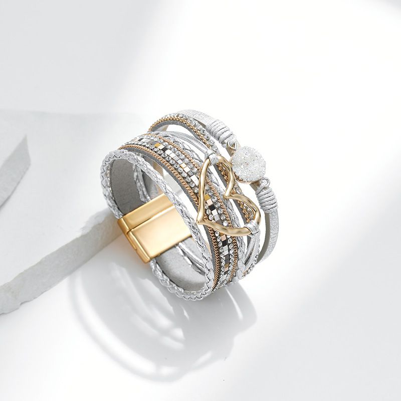 Set di bracciali a strati bohémien - Bracciale rigido regolabile a cuore aperto e catena con perline_voghion.com