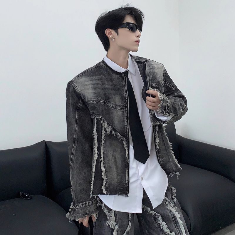 Herrenbekleidung New Style Niche Tie Dye Washed Old Denim Anzug Raw Edge Stitching Flared Jeans Jacke Trend_voghion.com