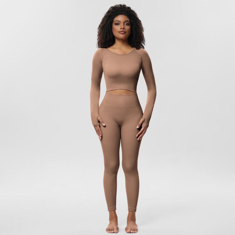 Yogatøj Efterårsdragt Sømløse yogabukser sportstoppe yogatop lange ærmer tredelt fitnesstøj_voghion.com