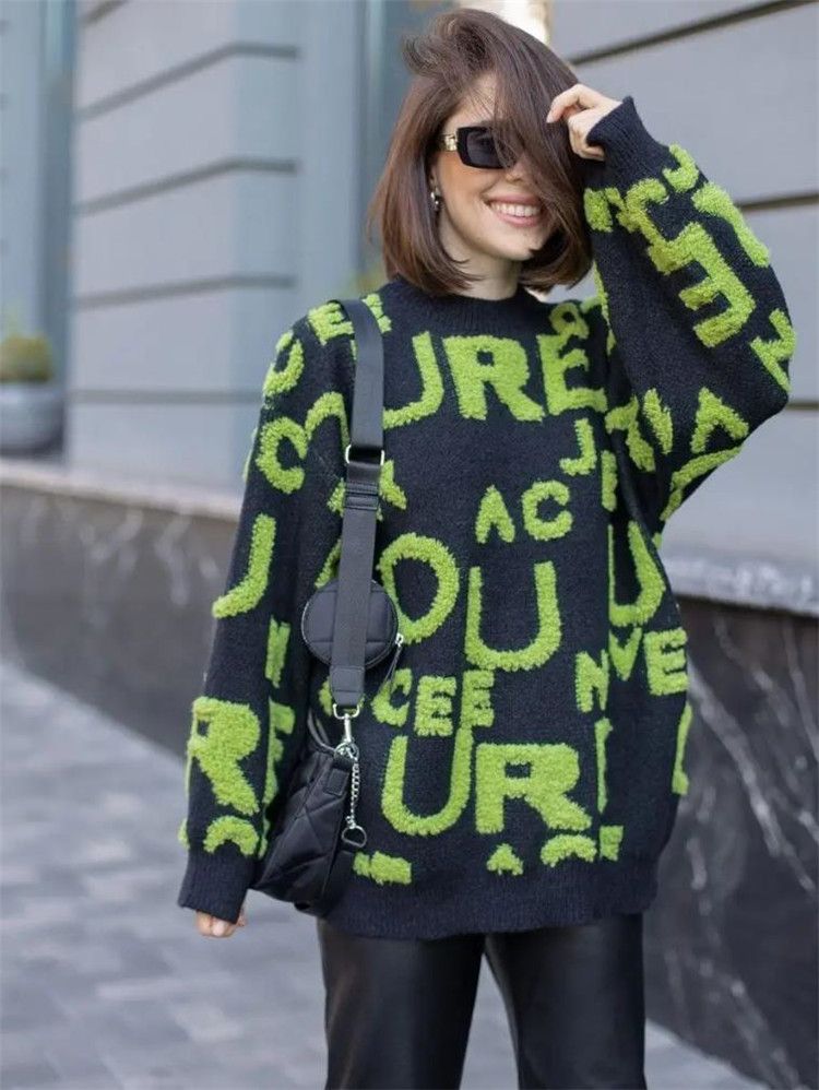 Vêtements pour femmes nouvelle automne et hiver col rond pull tricoté à manches longues veste pour femme pull chaud épais lettre décontracté_voghion.com