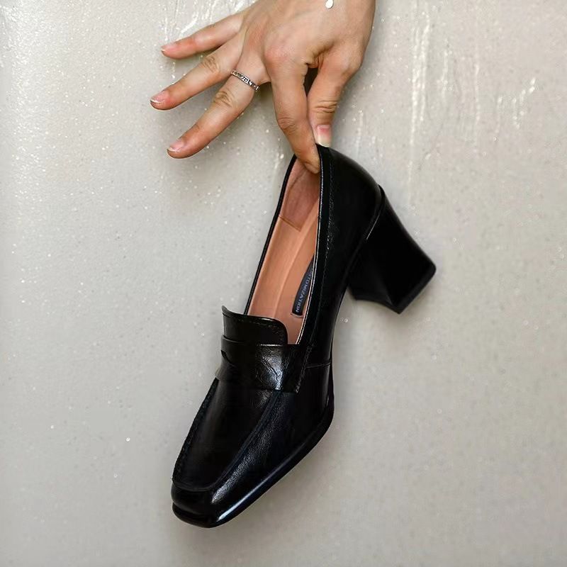 Mocassini eleganti con punta quadrata, stile britannico, con tacco alto e grosso, da donna, autunnali, nuovi, neri_voghion.com