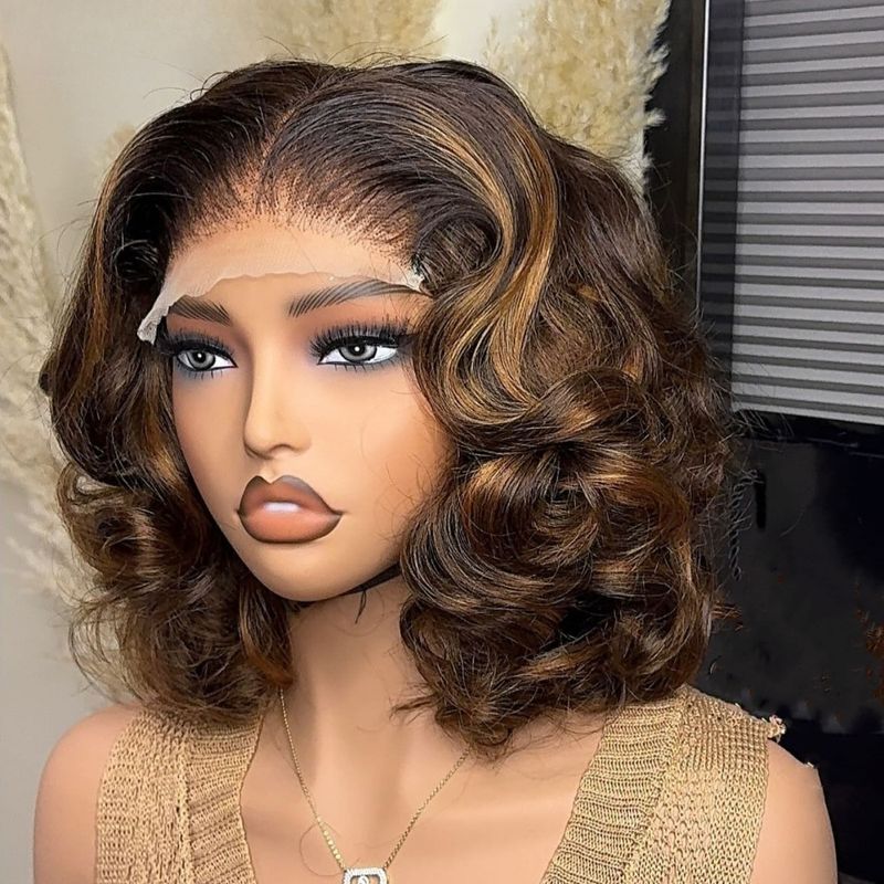 Vorgeschnittene Spitze Ingwer/Braun Highlight Farbe Kurzwellige Echthaarperücke für schwarze Frauen 13x4/5x5 Glueless Wave Perücke vorgezupft_voghion.com