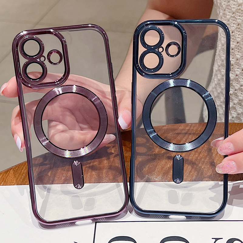 Custodia protettiva per lenti trasparenti con placcatura morbida per iPhone 16 15 14 Plus 13 12 11 Pro XS Max XR magnetica per la ricarica wireless_voghion.com