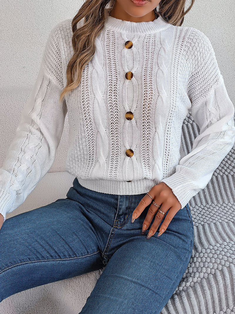Cropped Sweaters for Women Crew Neck Crochet Knit Pullover Sweater Fall Trendy Button Long Sleeve Solid Color Jumper Tops_voghion.com