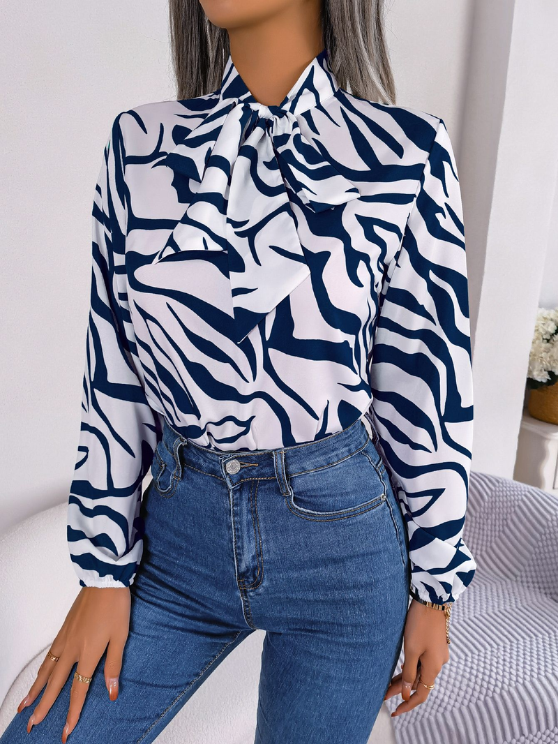Blusa feminina com decote em v manga comprida estampa listrada casual solta camisa de trabalho elegante blusa de negócios_voghion.com