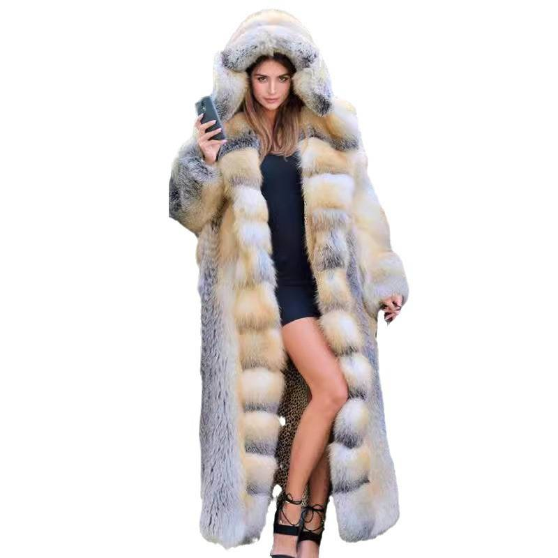 Chaqueta larga de piel con capucha y parches para mujer_voghion.com