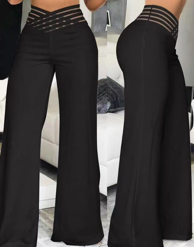 Pantaloni largi evazați pentru femei, toamna, casual, încrucișați, transparent, cu plasă, talie înaltă, Y2K, streetwear, eleganți, de lucru, 2025_voghion.com