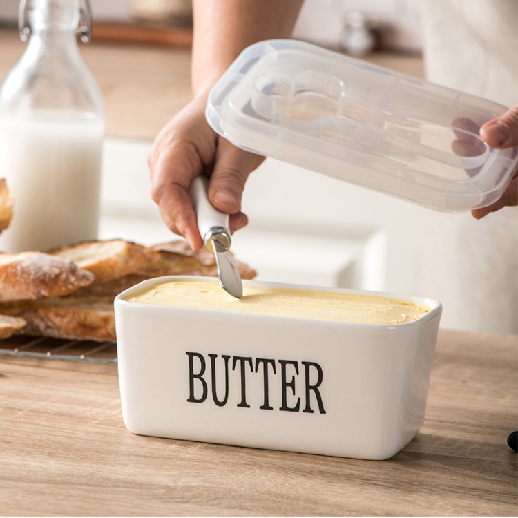Ceramic Butter Dish With Wooden Lid & Built-in Knife Clear Window Refrigerator Storage Container For Cheese Butter_voghion.com