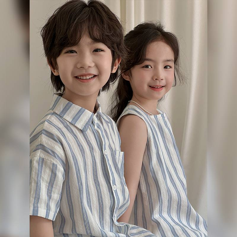 Conjunto de camisa y pantalones cortos holgados para niño, versión coreana, estilo occidental, para hermano, hermana, padre e hijo, estilo veraniego, vestido para mujer_voghion.com