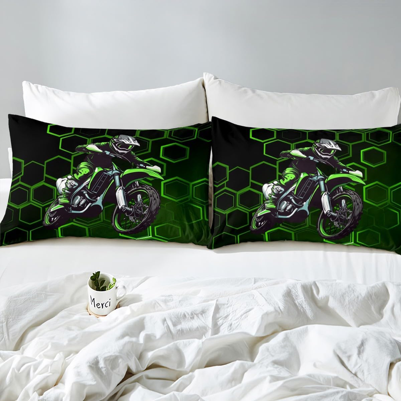 Juego de funda nórdica con diseño de motocross en panal verde, tamaño cuna, para hombre, juego de ropa de cama para deportes extremos, funda de edredón geométrica hexagonal con juego de camas de moto._voghion.com